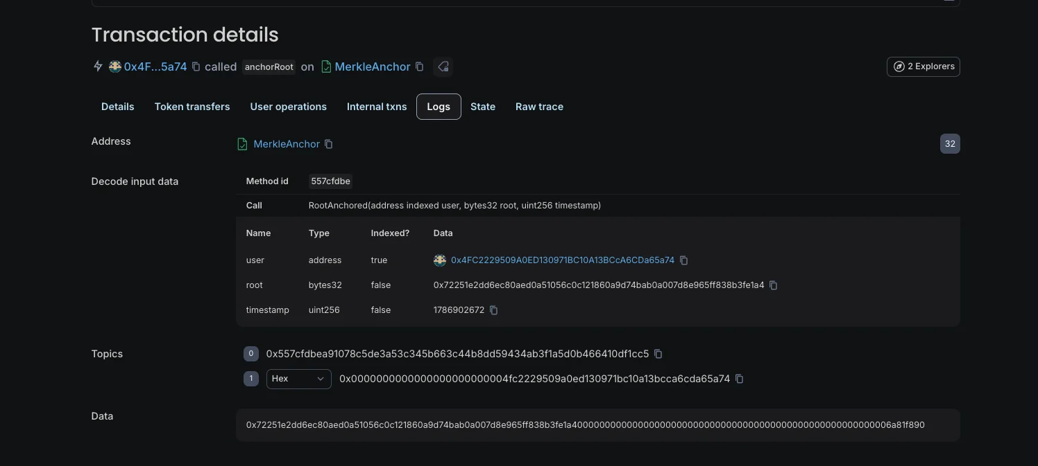 Blockscout Logs tab showing decoded RootAnchored event with user address 0x4FC2, root value 0x72251e2d, and timestamp