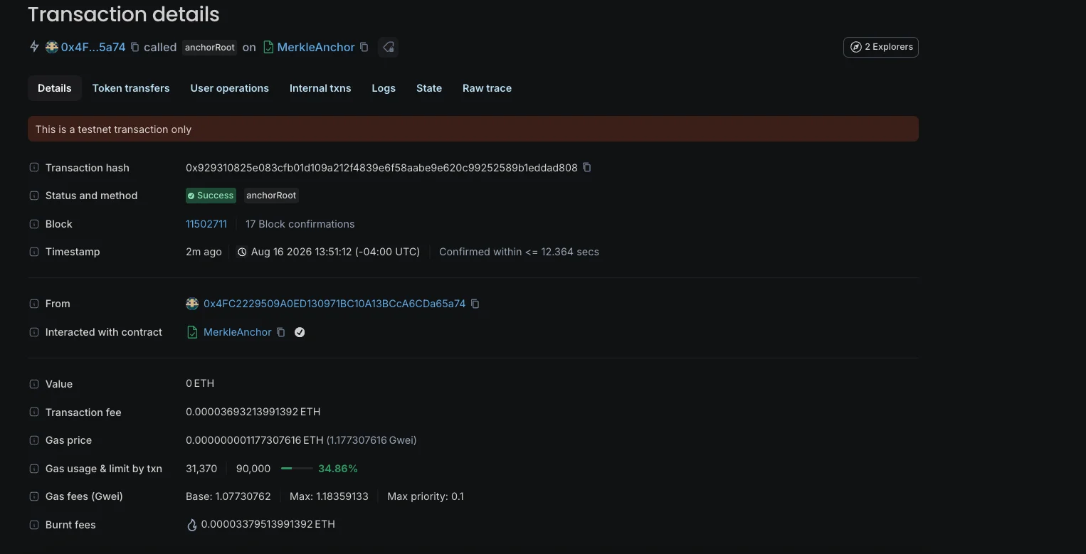 Blockscout transaction details showing Status: Success, From: 0x4FC2 (participant), To: MerkleAnchor (verified), Gas: 34,170